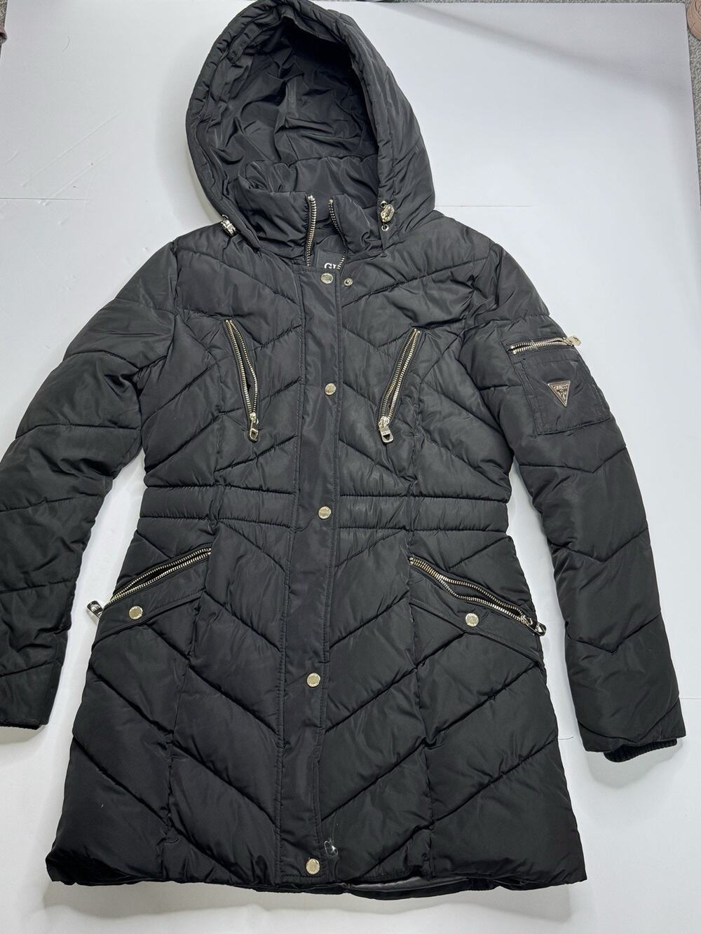 GUESS Womens Size S Black Long Hooded Puffer Coat Gold Zip Winter Quilted
